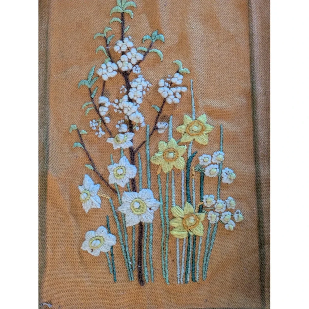 1970s Crewel Embroidery Floral Daffodil Textile Art Mustard Gold Boho 28x19 in